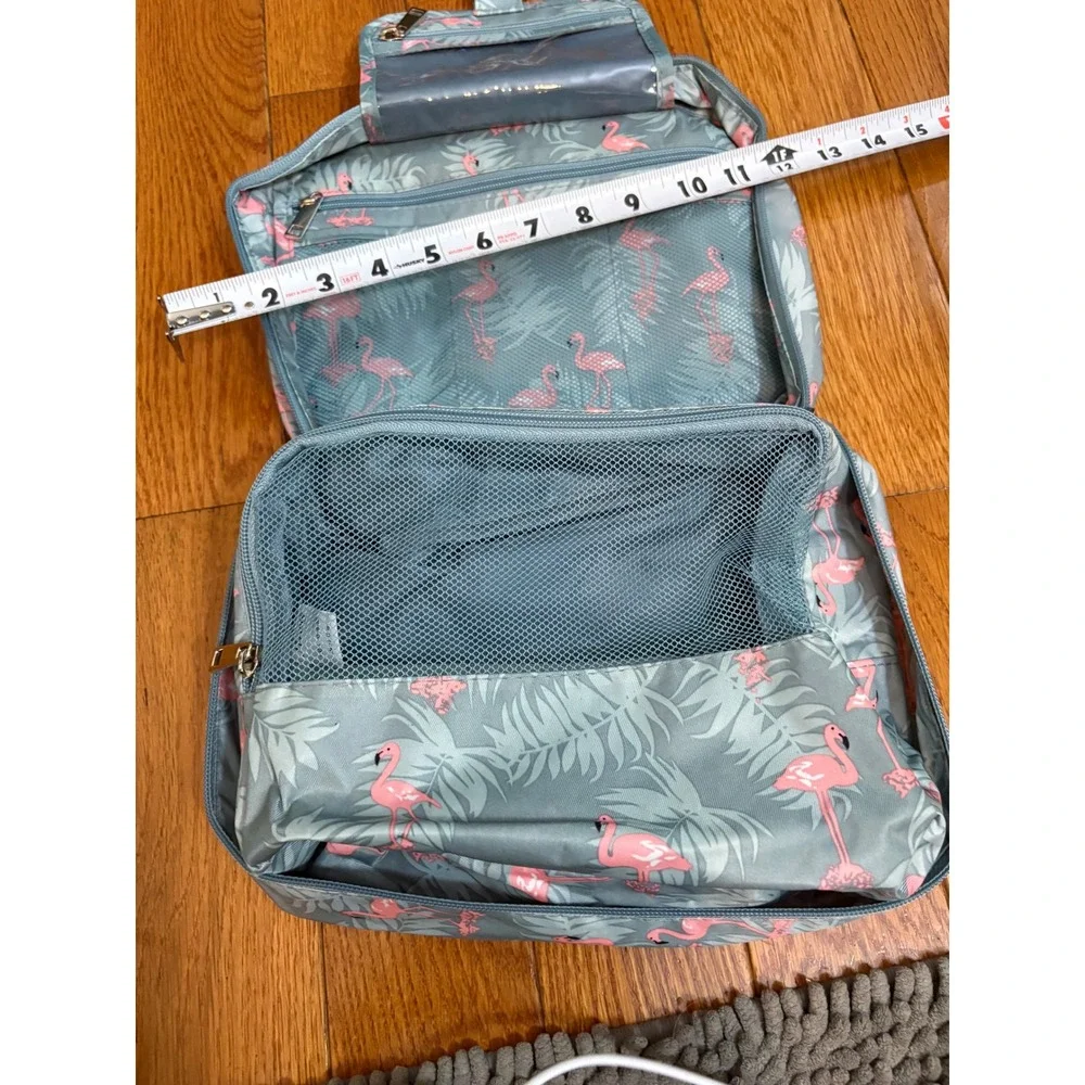 Narwey Hanging Toiletry Bag Flamingo Tropical Travel Organizer Blue-Grey Pink
